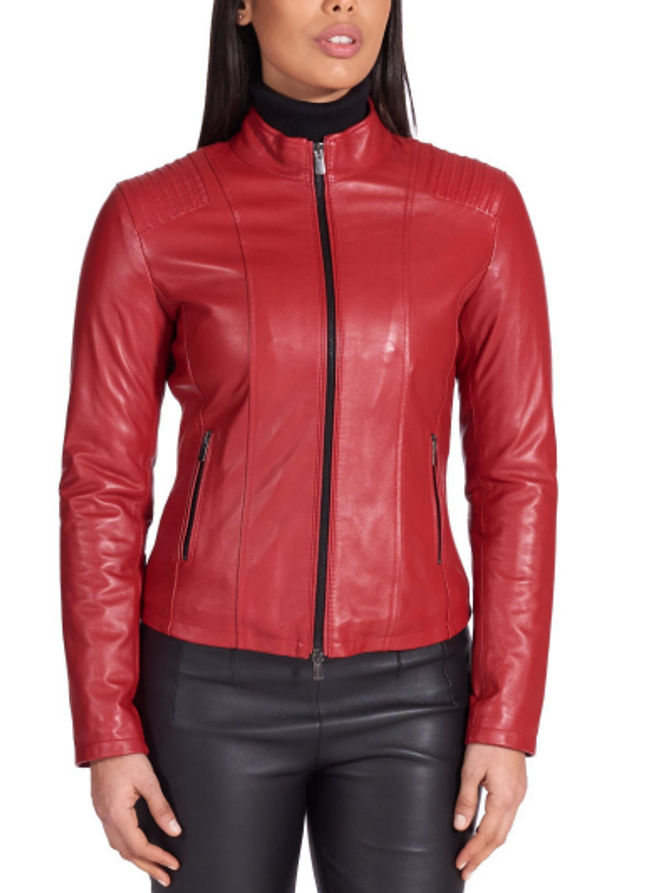 Women Red Biker Real Leather Jacket