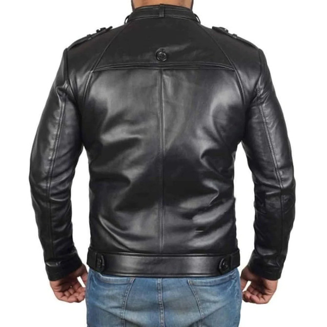 Men's Black Belted Collar Genuine Leather Biker Jacket Men's Black Belted Collar Genuine Leather Biker Jacket