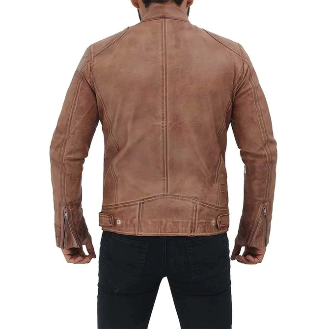 Men's Rib Brown Distressed Leather Biker Jacket Men's Rib Brown Distressed Leather Biker Jacket