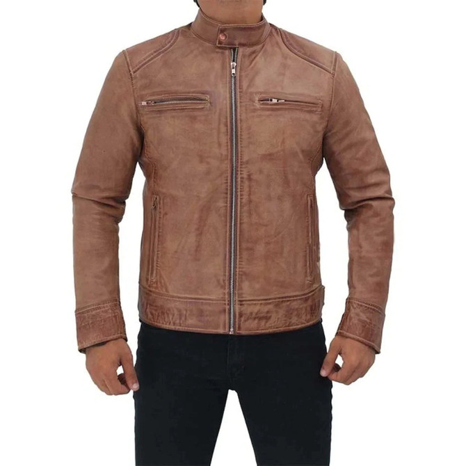 Men's Rib Brown Distressed Leather Biker Jacket Men's Rib Brown Distressed Leather Biker Jacket