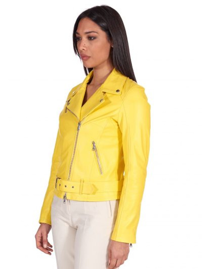 Women Belt Closure Yellow Biker Leather Jacket