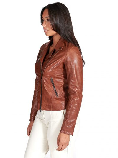 Women Cafe Racer Brown Leather Biker Jacket