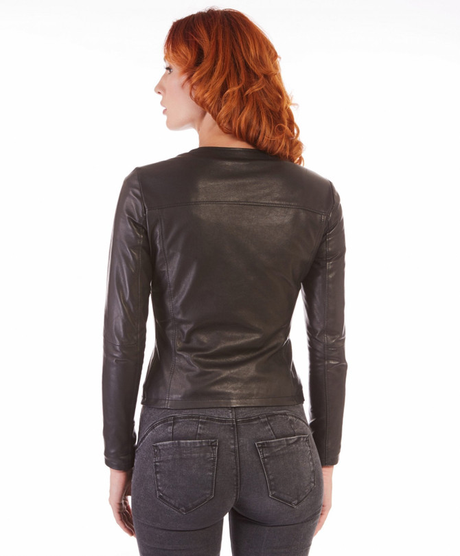 Women Black Collarless Biker Leather Jacket