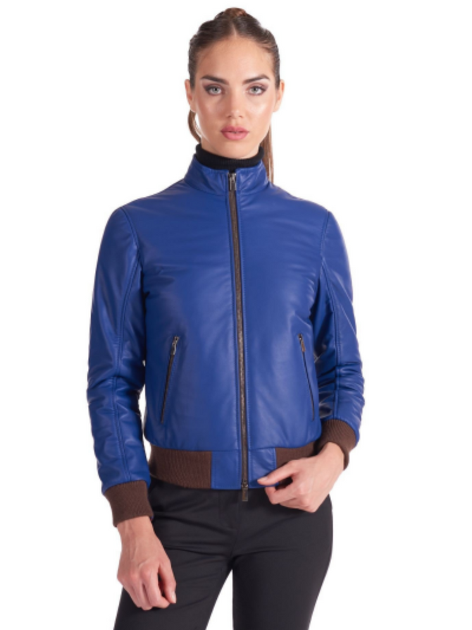 Womens Blue Genuine Leather Bomber Jacket
