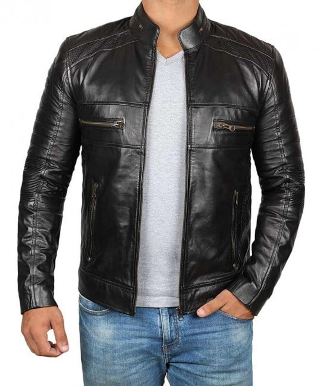 Men's Black Cafe Racer Motorcycle Leather Jacket