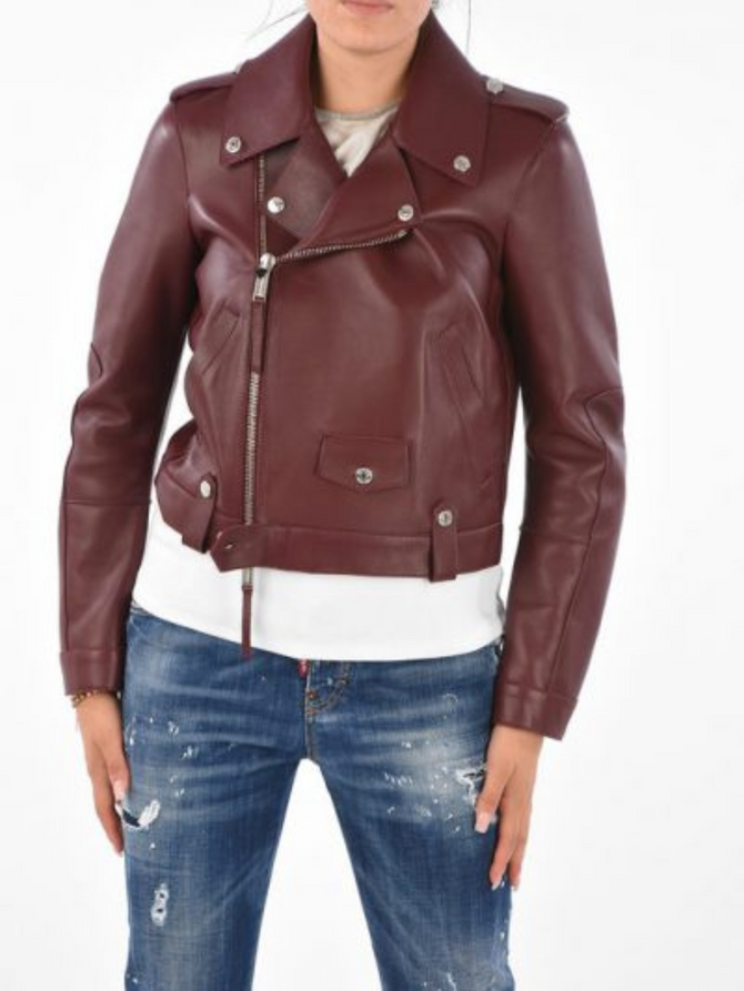 Women Burgundy Biker Leather Jacket