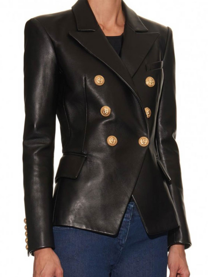 Kim Kardashian Double Breasted Black Leather Jacket