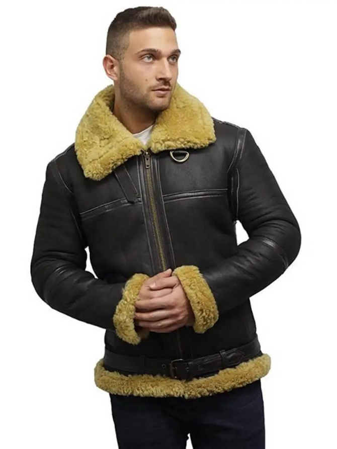 Men’s Real Shearling Sheepskin Bomber Leather Jacket