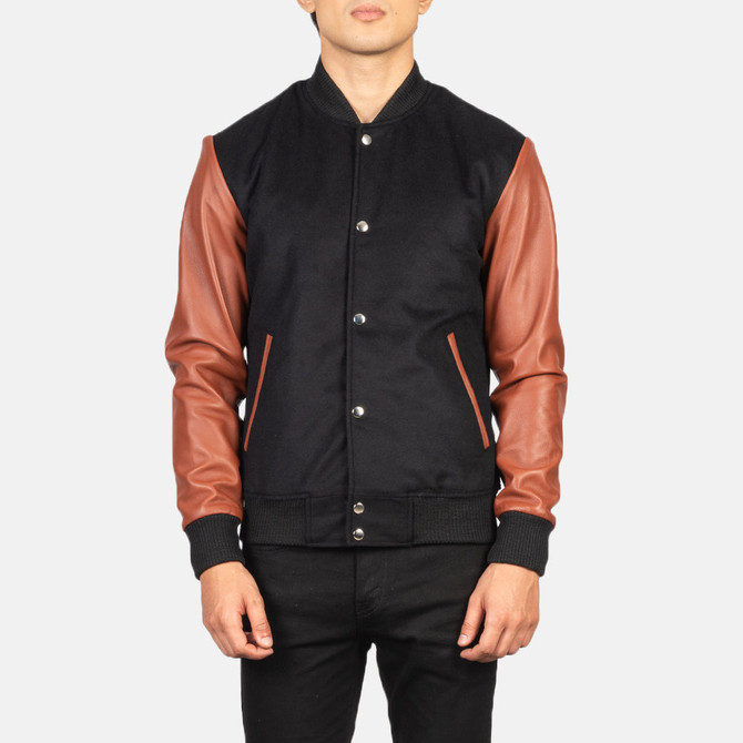 Mens Black & Brown Hybrid Varsity Jacket