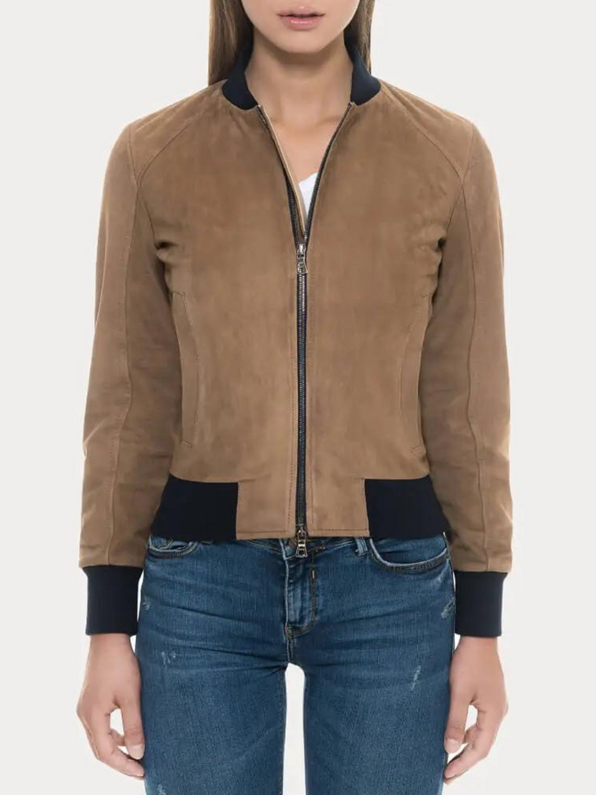 Women Tan Suede Bomber Jacket