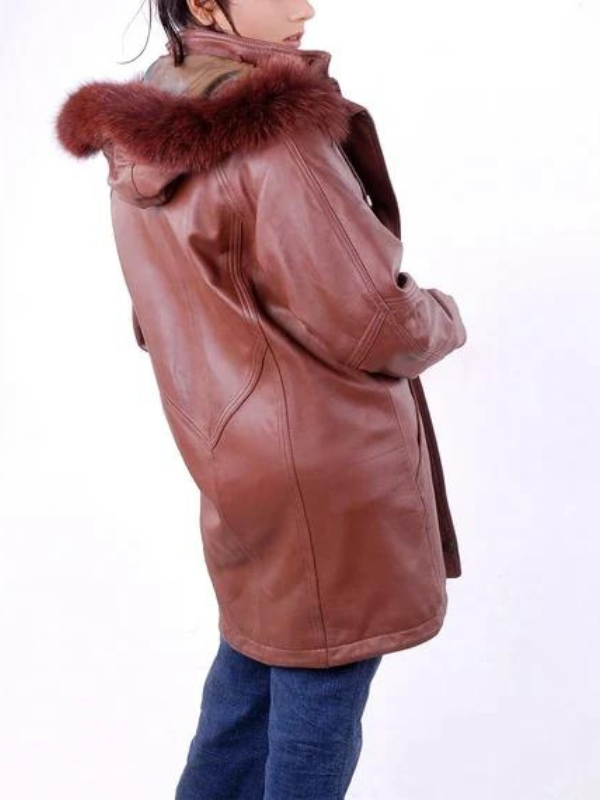 Women's Lambskin Leather Coat with Faux Fur Trim