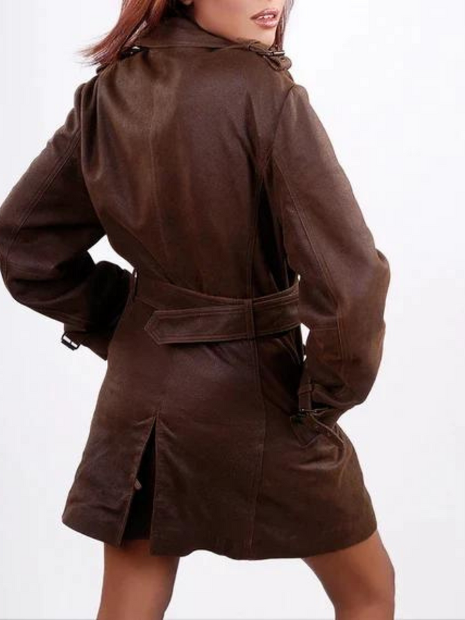 Women's Brown Geniune Leather Biker Belted Long Coat