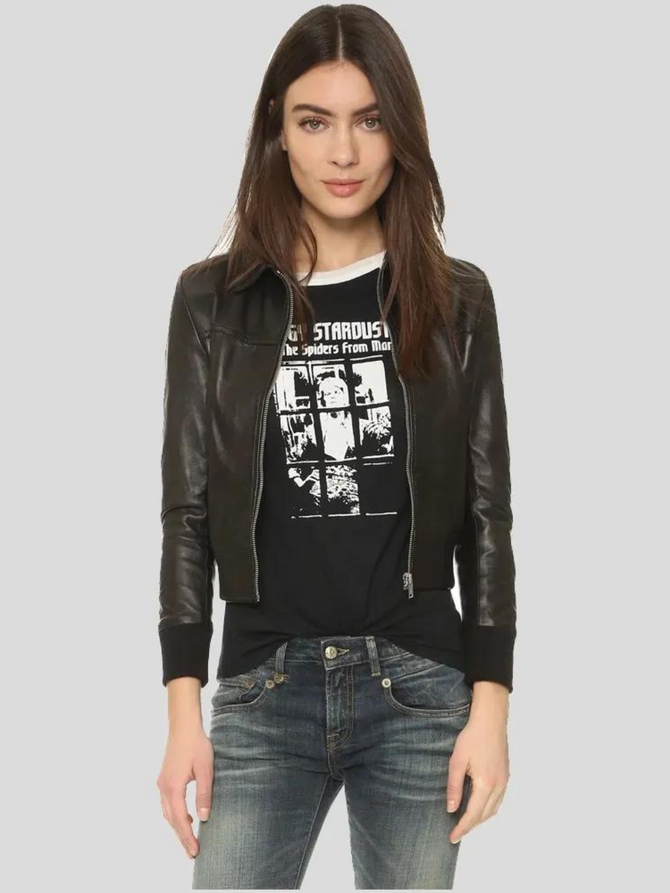 Women Black Bomber Leather Jacket
