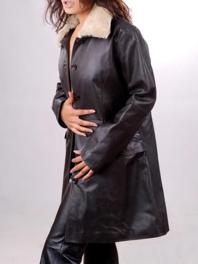 Women's Black Leather Long Coat