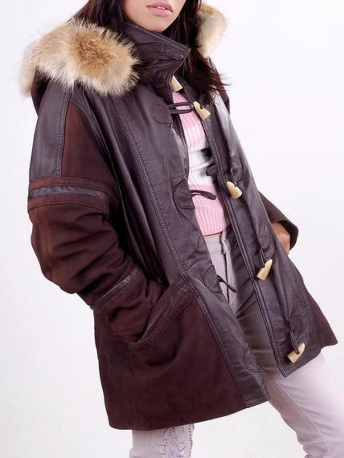 Women's Dark Brown Hooded Fur Leather Coat
