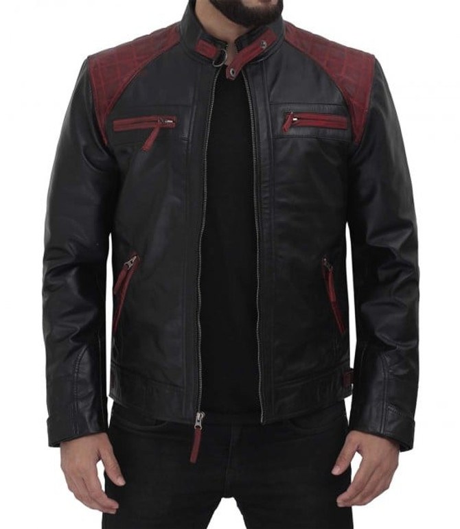 Men's Black and Maroon Quilted Cafe Racer Leather Jacket