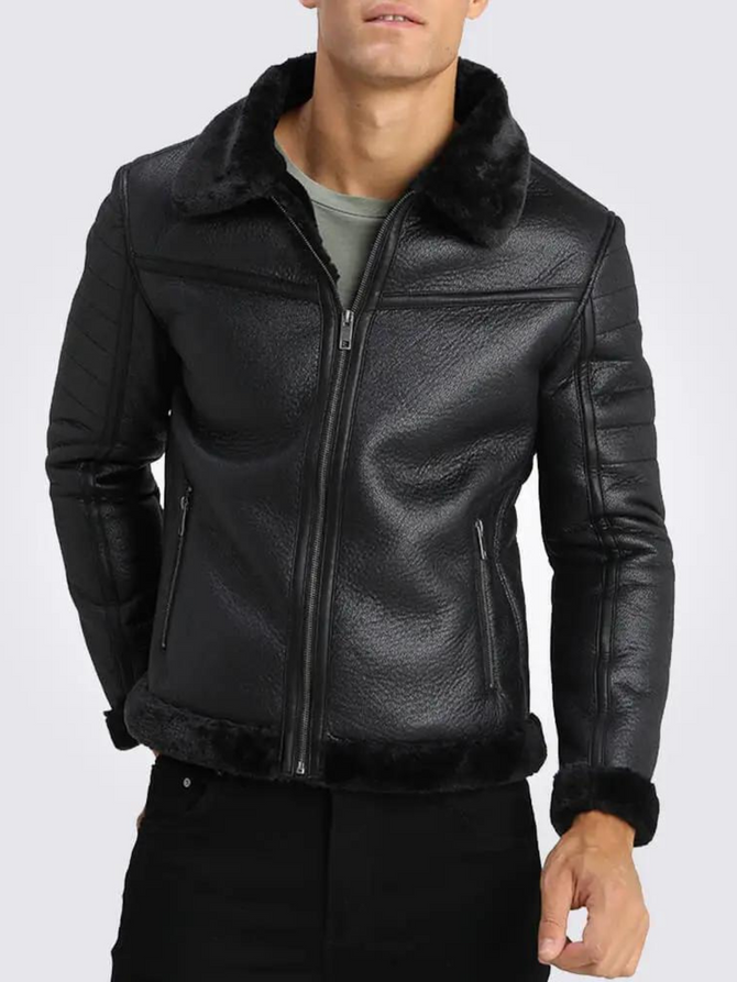 Men’s Black Shearling Collar Leather Jacket