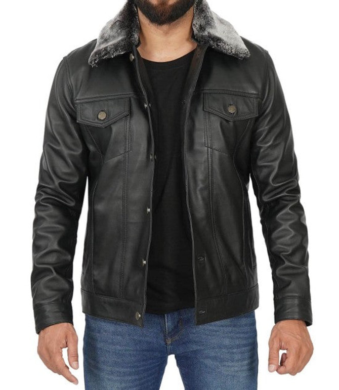 Men's Black Leather Trucker Jacket with Fur Collar Men's Black Leather Trucker Jacket with Fur Collar