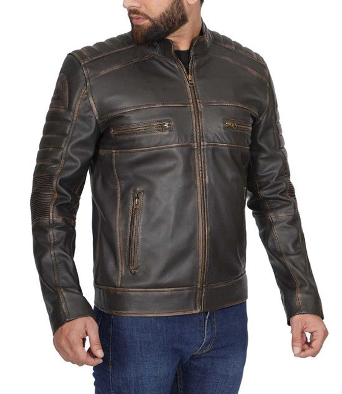 Men's Dark Brown Cafe Racer Real Leather Jacket