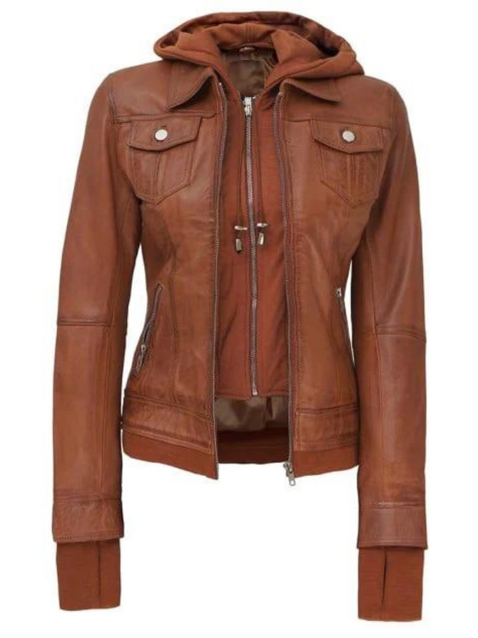 Women's Removable Hooded Bomber Leather Jacket Women's Removable Hooded Bomber Leather Jacket