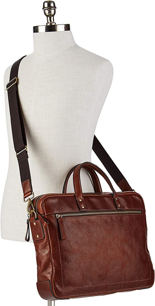 Men's Leather Double Zip Briefcase Laptop Bag