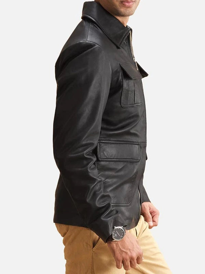 Men’s 4 Pockets Black Leather Jacket