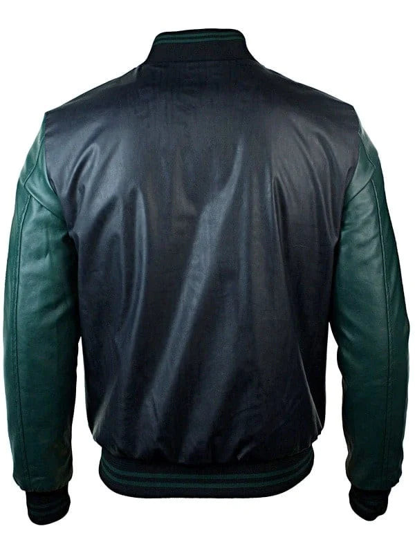 Mens Black Synthetic Leather Baseball Jacket