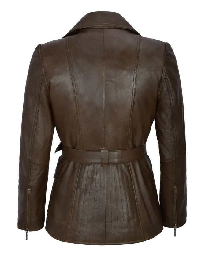 Women's Classic Mid Length Brown Trench Leather Coat