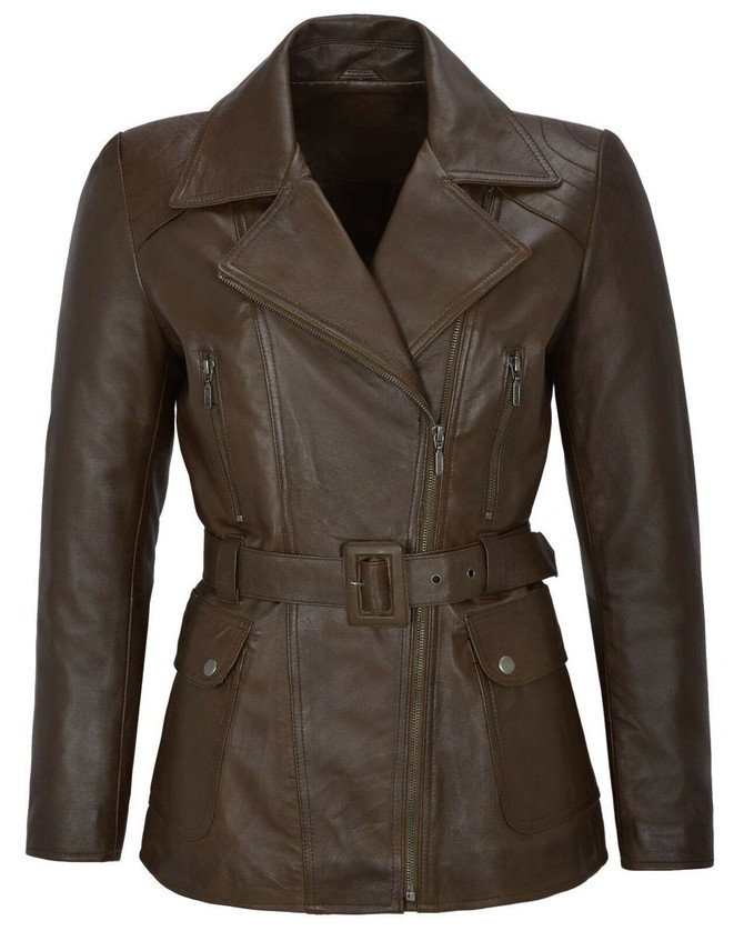 Women's Classic Mid Length Brown Trench Leather Coat