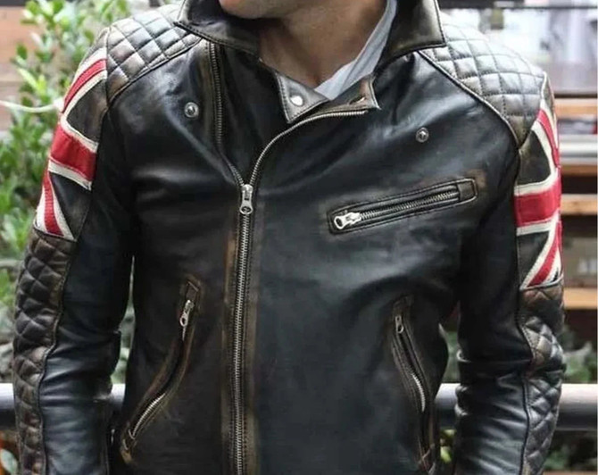 MENS BIKER UK FLAG LEATHER JACKET