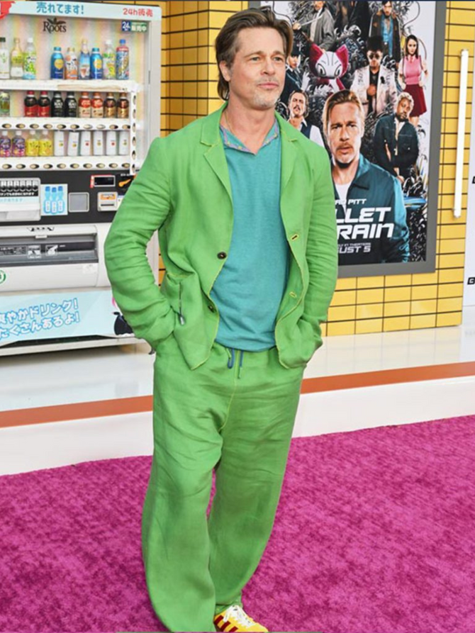 Brad Pitt Bullet Train Premiere Casual Green Suit Brad Pitt Bullet Train Premiere Casual Green Suit