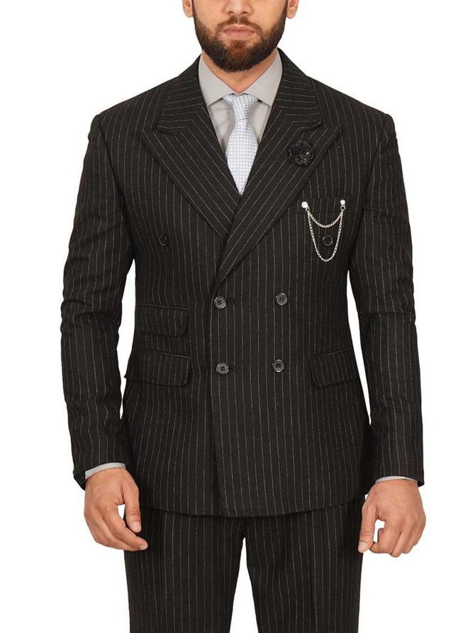 Mens Double Breasted Pinstripe Black Cotton Suit