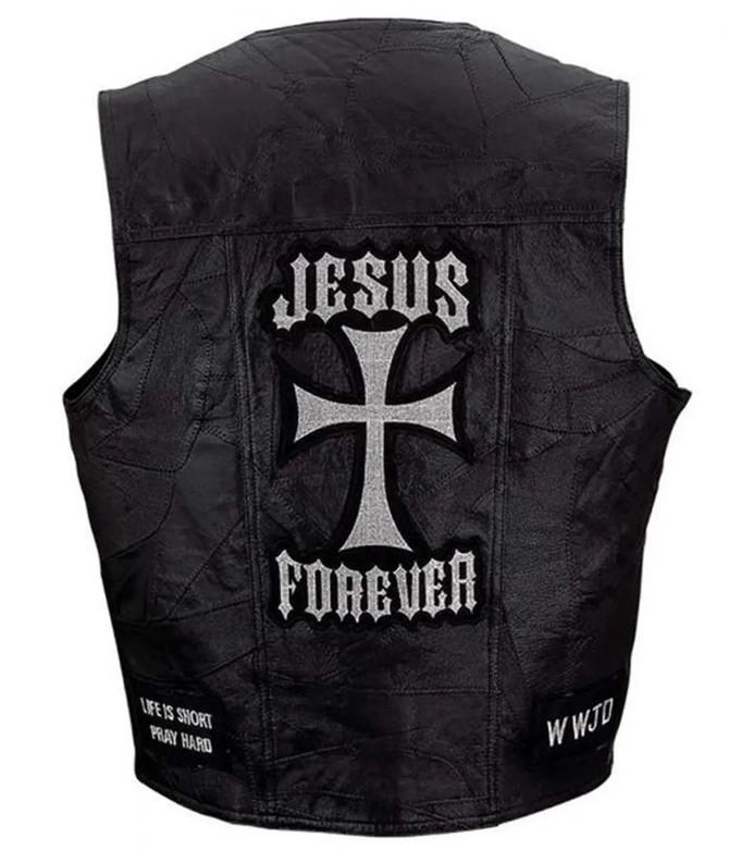 Jesus Forever Christian Motorcycle Black Leather Vest Jesus Forever Christian Motorcycle Black Leather Vest