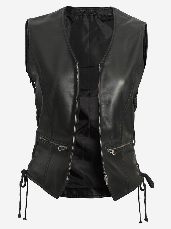 Women Black Fitted Style Biker Leather Vest