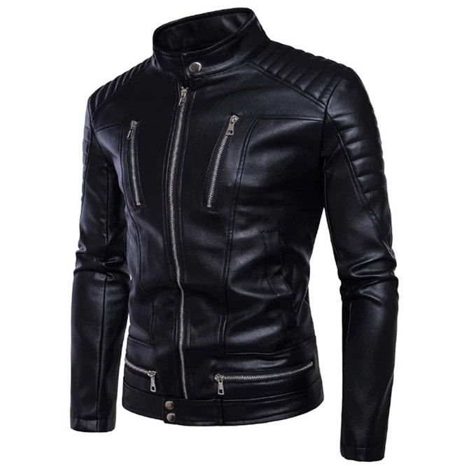 Mens Padded Slim Fit Biker Black Leather Jacket