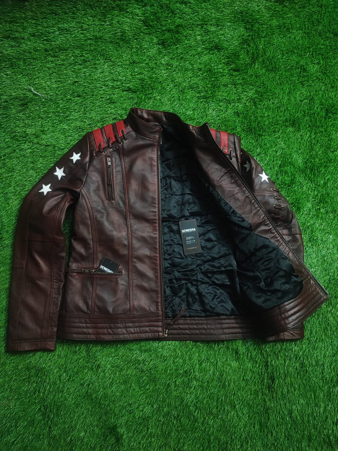 Distressed Brown Womens Motorcycle Stars and Stripes Leather Jacket
