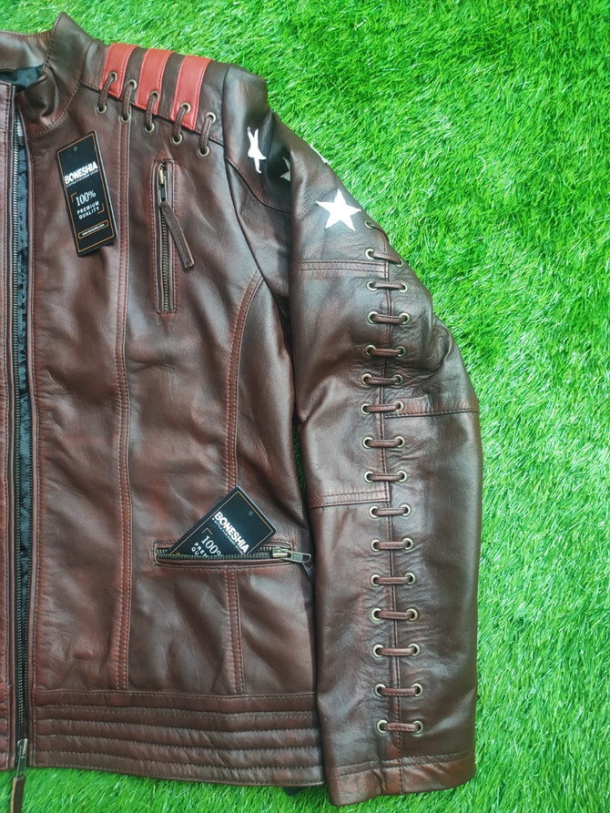 Womens Motorcycle Stars and Stripes Distressed Brown Leather Jacket