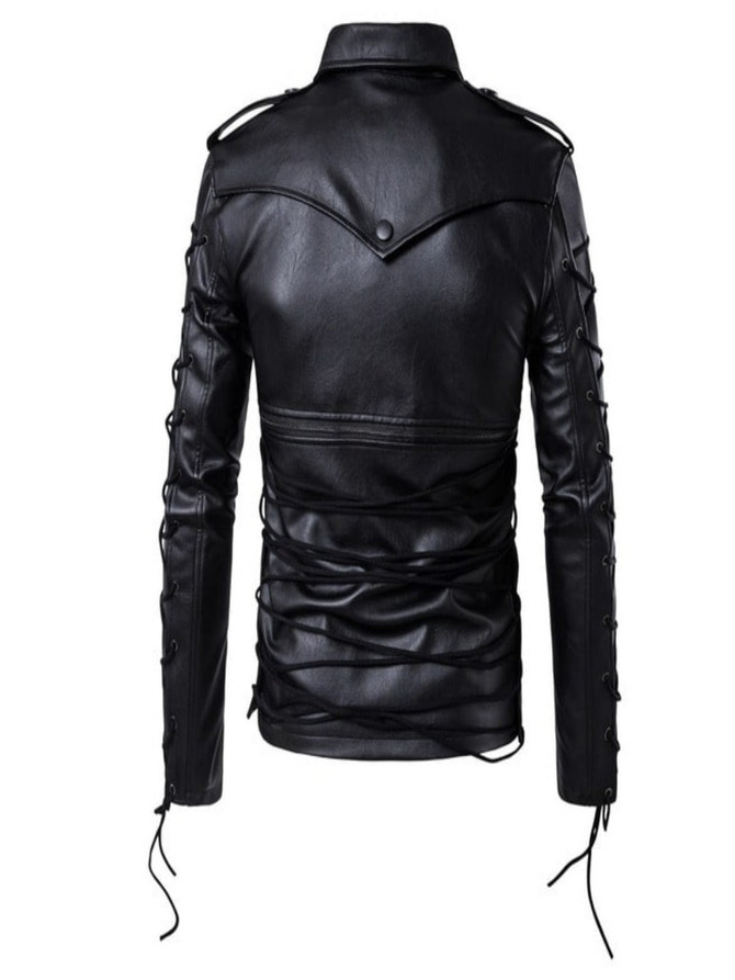 Men’s Lace Up Slim Fit Biker Multi Zipper Black Leather Jacket