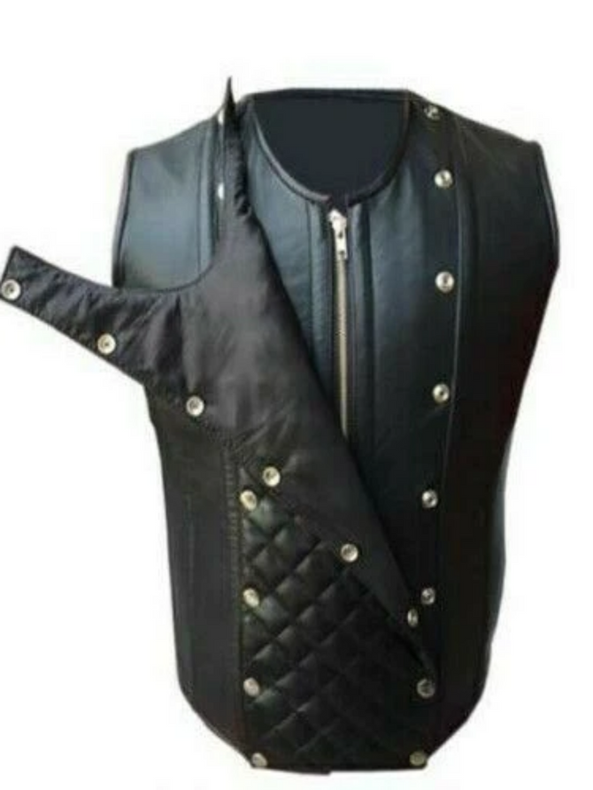 Men's Real Leather Black Biker Style Waistcoat Vest