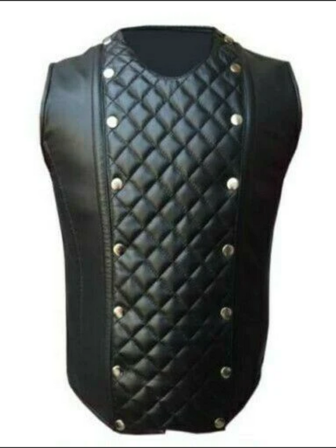Men's Real Leather Black Biker Style Waistcoat Vest