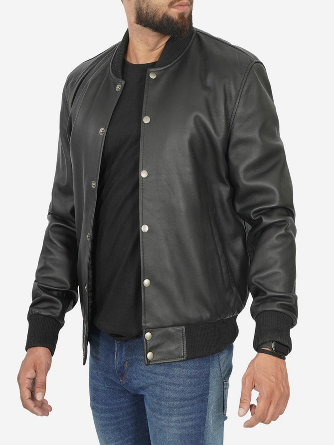 Mens Baseball Style Black Leather Bomber Jacket Mens Baseball Style Black Leather Bomber Jacket