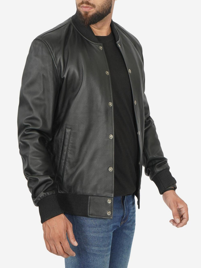 Mens Baseball Style Black Leather Bomber Jacket Mens Baseball Style Black Leather Bomber Jacket