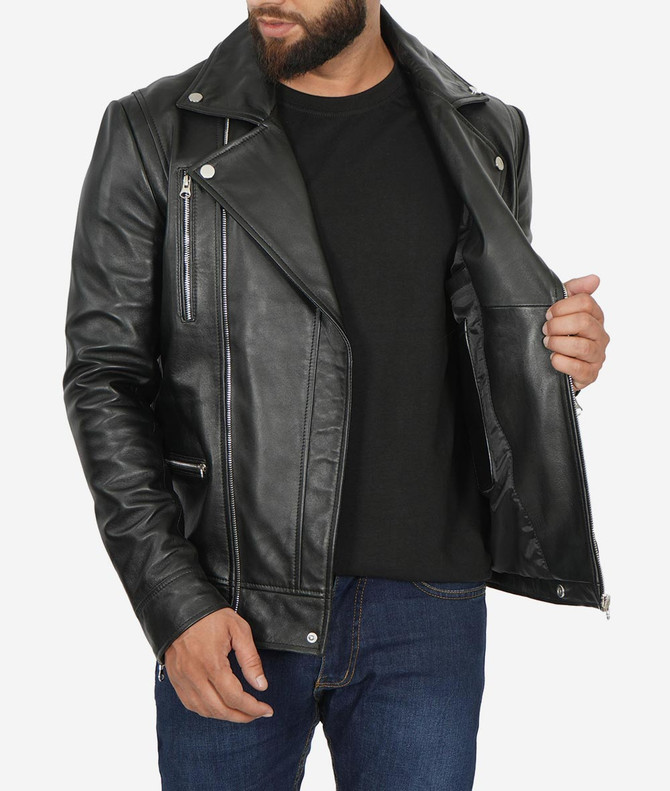 Mens Asymmetrical Black Leather Biker Jacket