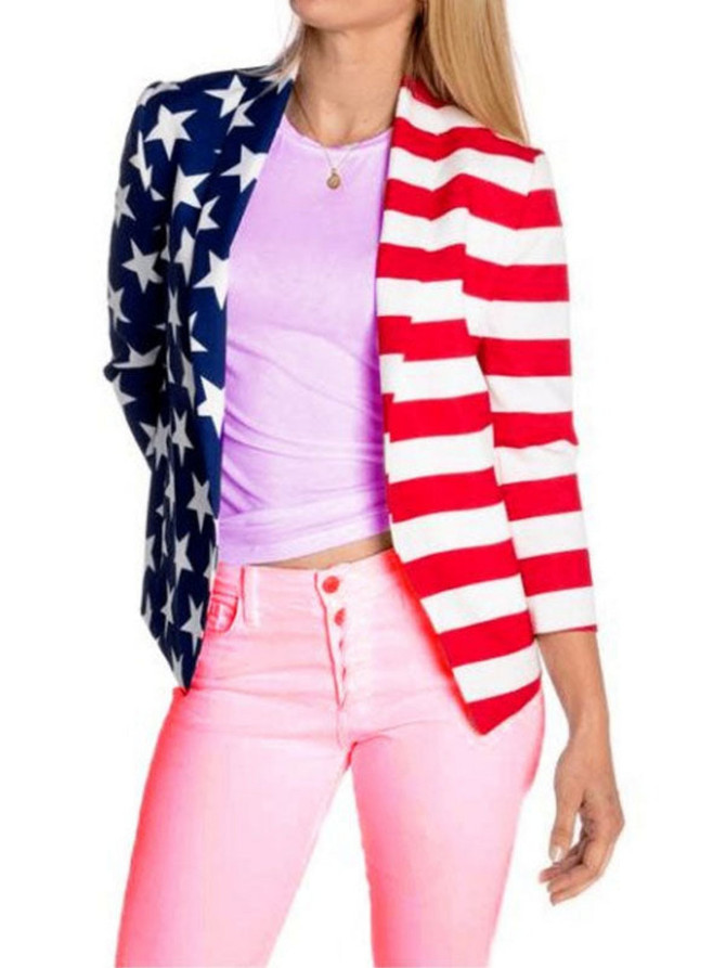 Women Independence Day American Flag Cotton Blazer Women Independence Day American Flag Cotton Blazer