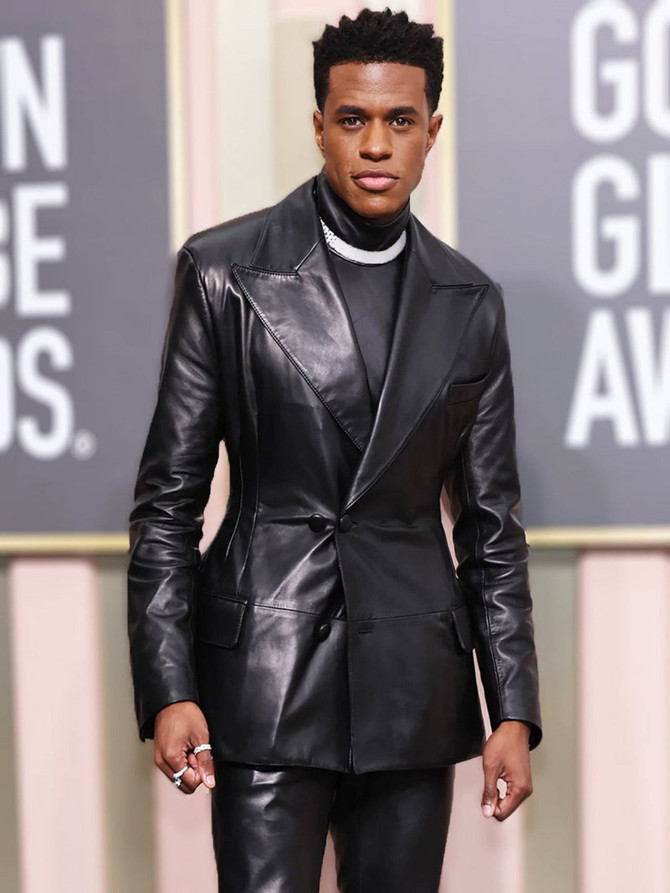 Jeremy Pope Golden Globe Awards 2023 Black Leather Blazer Jeremy Pope Golden Globe Awards 2023 Black Leather Blazer