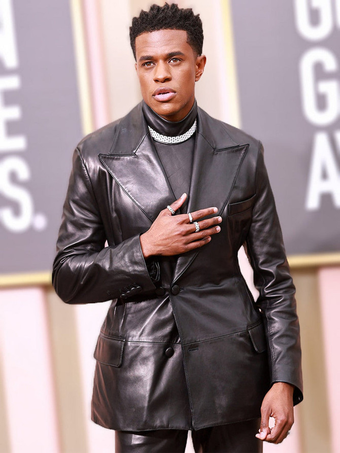 Jeremy Pope Golden Globe Awards 2023 Black Leather Blazer Jeremy Pope Golden Globe Awards 2023 Black Leather Blazer