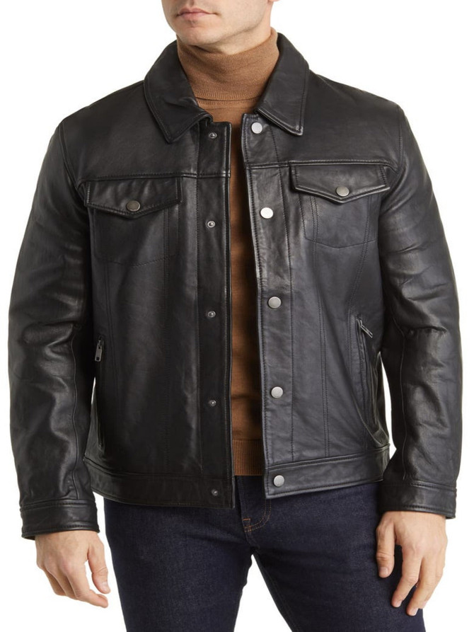 Mens Black Leather Trucker Jacket