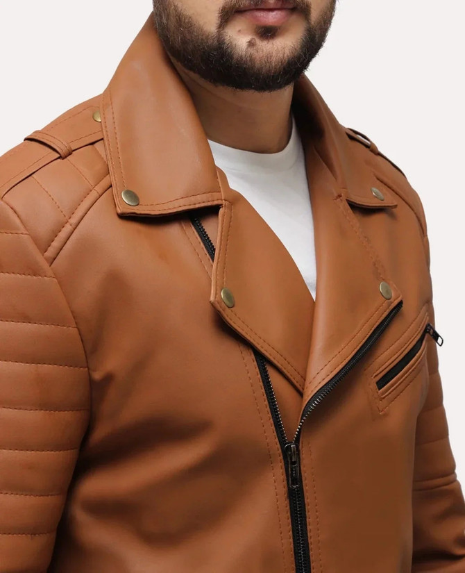 Mens Stylish Brown Leather Striped Sleeves Biker Jacket