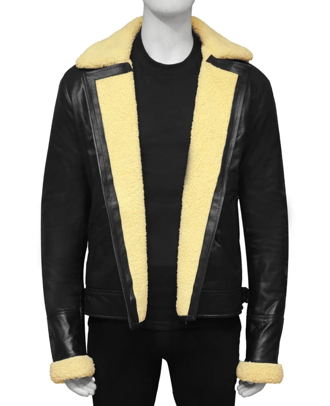 Mens Stylish Shearling Black Leather Jacket