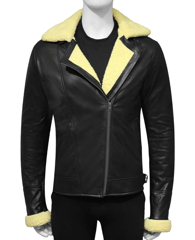 Mens Stylish Shearling Black Leather Jacket